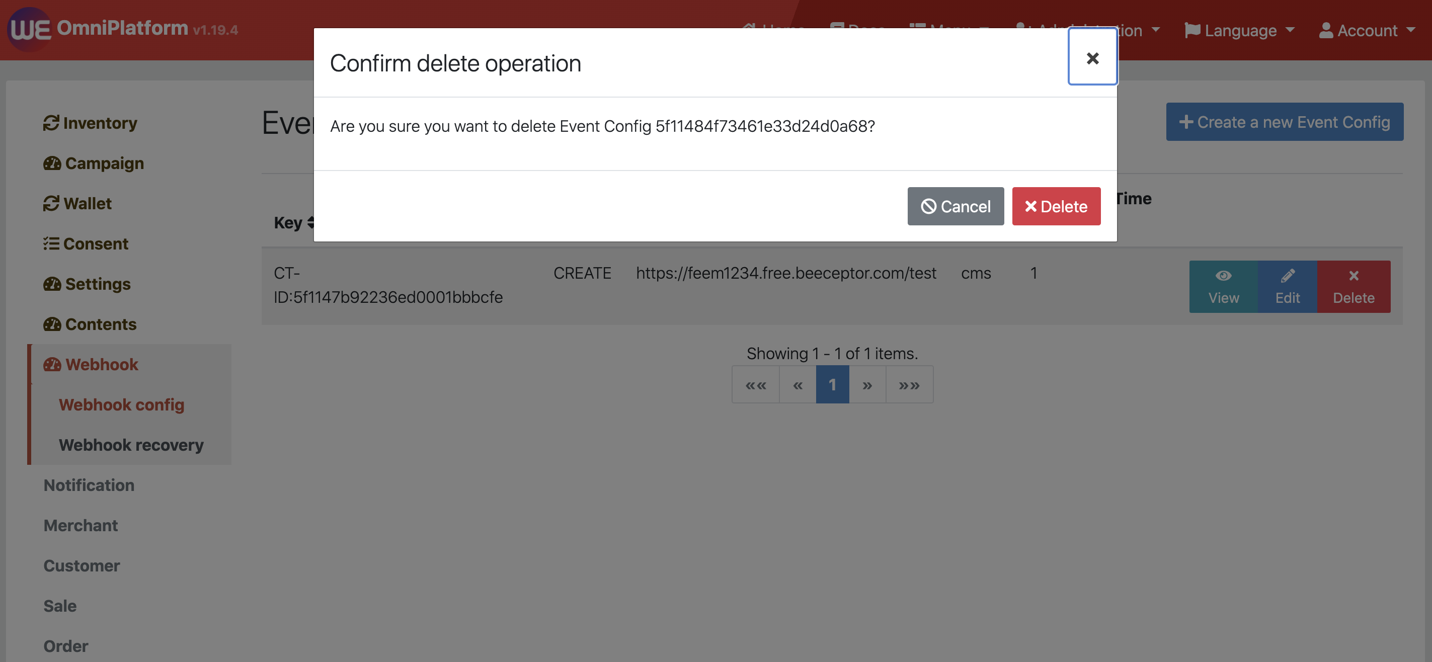 Webhook Configuration Delete_Screen